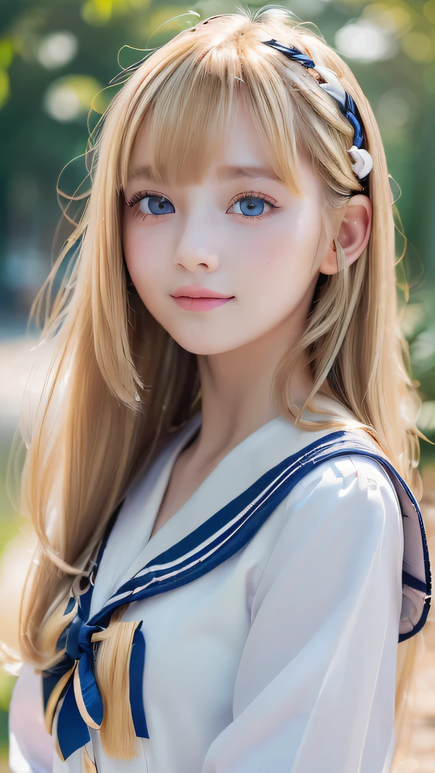RAW Photos、((((Extremely beautiful portrait)))、(((Bright and fair skin))、1 girl、、Sailor suit、15-year-old pretty beautiful girl、((Glossy natural blonde))、Super long straight hair、Beautiful Bangs、[Attractive pale blue eyes]、Smooth, thin, long hair、Eyeliner、Hair between the eyes、smile、((masterpiece、最high quality、Ultra Detail、Film Light、Intricate details、High resolution、8k、Very detailed))、Detailed Background、8k UHD、Digital SLR、Soft Light、high quality、Film Grain、Fujifilm XT3、Shallow depth of field、Natural light、(Perfect hands)、Perfect beautiful face