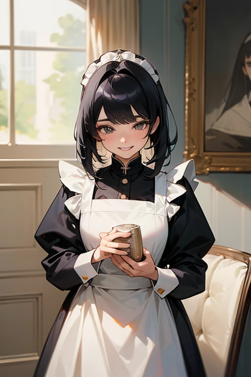 (Highest Resolution, clear_image) highest quality, Single person, One woman, alone, masterpiece, Very detailed, Semi-realistic, Black Hairのショートヘア, Black Hair, bangs, 18-year-old, mature, light blue uniform, uniform, Indoor Background, kind, Authoritative, Powerful, exquisite features, exquisite features、Eyelashes become longer、Showing teeth、smile😀、Maid clothes、woman'Fingers in the、Sleeping on the sofa、Long Hair、Fluttering in the wind、cleaning、Navy blue clothes、Long Hair、