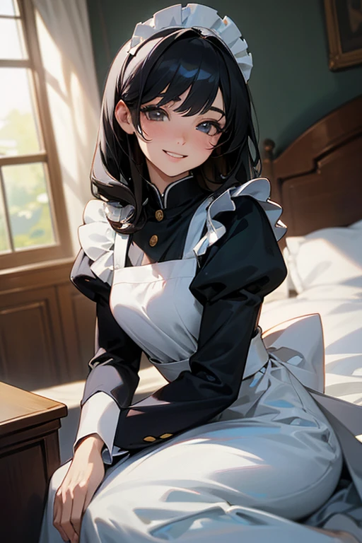 (Highest Resolution, clear_image) highest quality, Single person, One woman, alone, masterpiece, Very detailed, Semi-realistic, Black Hairのショートヘア, Black Hair, bangs, 18-year-old, mature, light blue uniform, uniform, Indoor Background, kind, Authoritative, Powerful, exquisite features, exquisite features、Eyelashes become longer、Showing teeth、smile😀、Maid clothes、woman&#39;Fingers in the、Sleeping on the sofa、Long Hair、Fluttering in the wind、cleaning、Navy blue clothes、Long Hair、