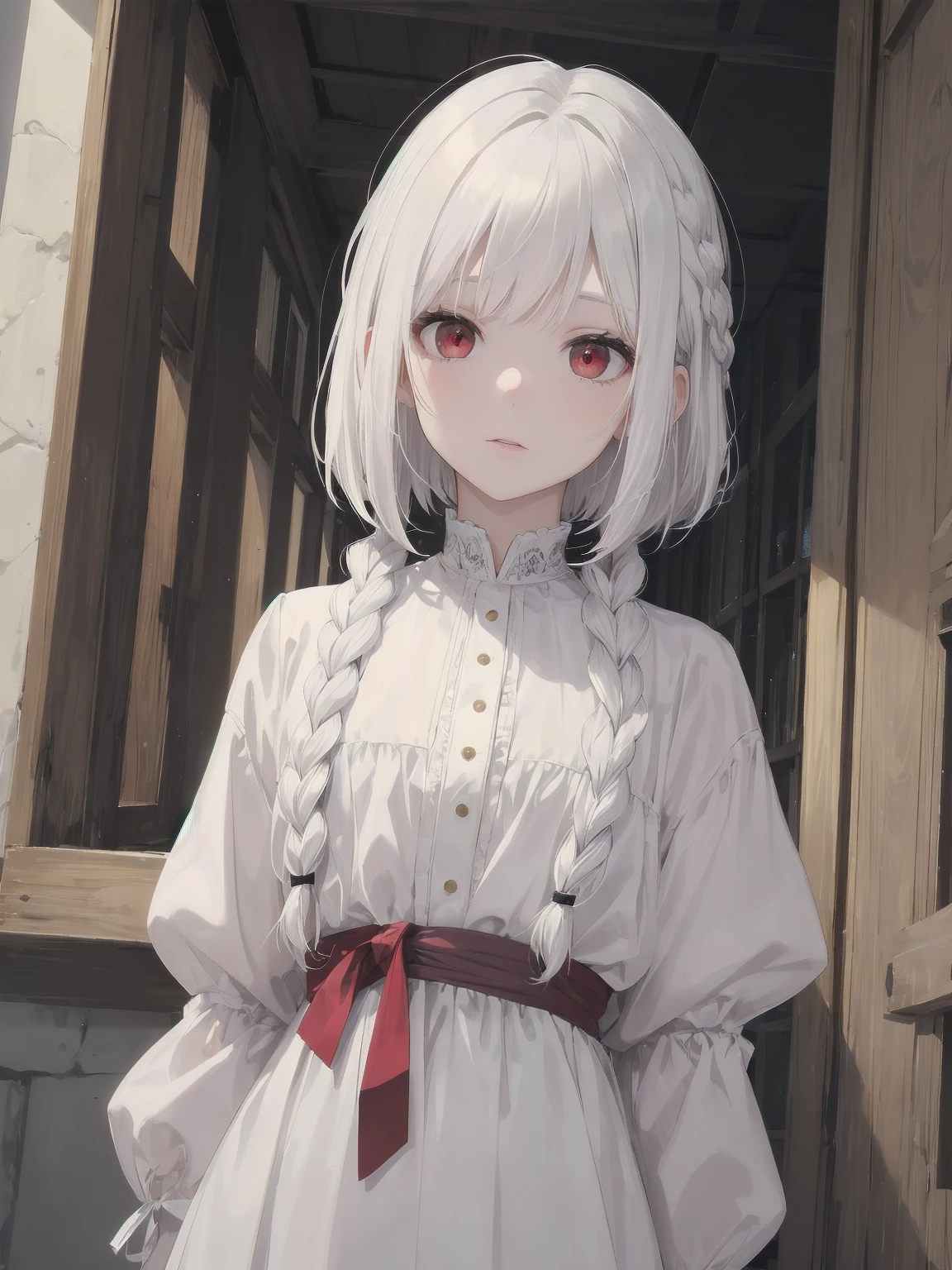 best quality, masterpiece,white hair, Red Eyes,White clothes, look up, Upper Body,White skin,Medium Length Bob Hairstyle，With braided braids、Lovely