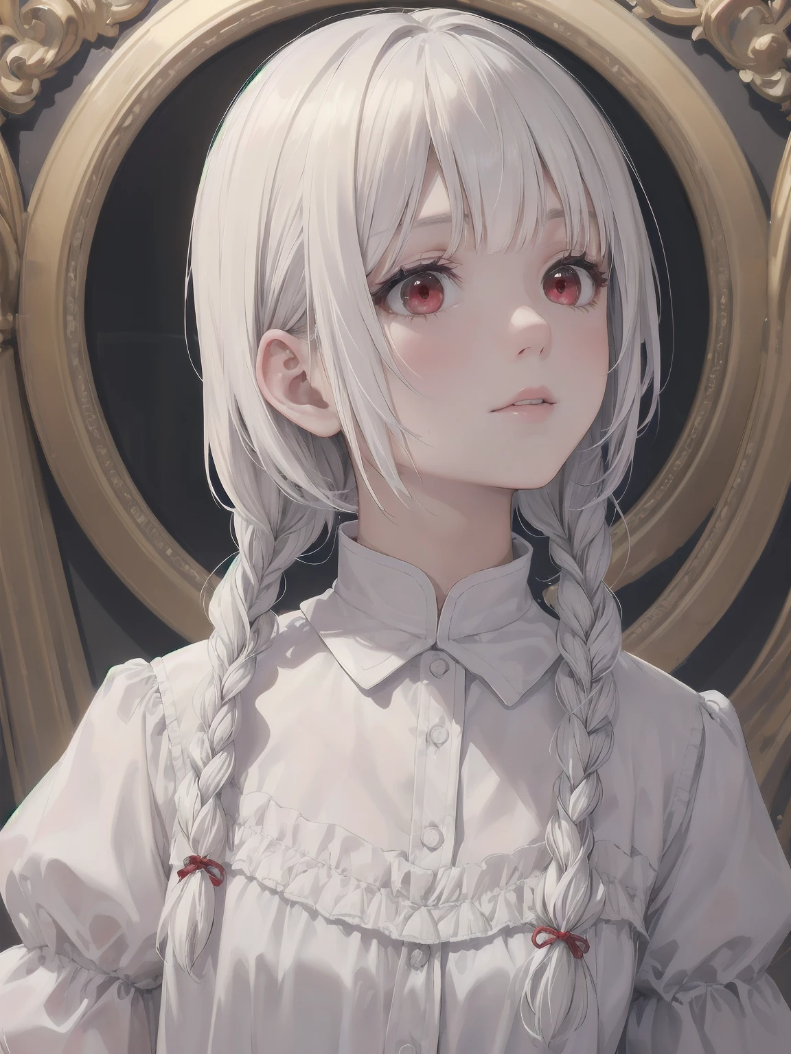 best quality, masterpiece,white hair, Red Eyes,White clothes, look up, Upper Body,White skin,Medium Length Bob Hairstyle，With braided braids、Lovely