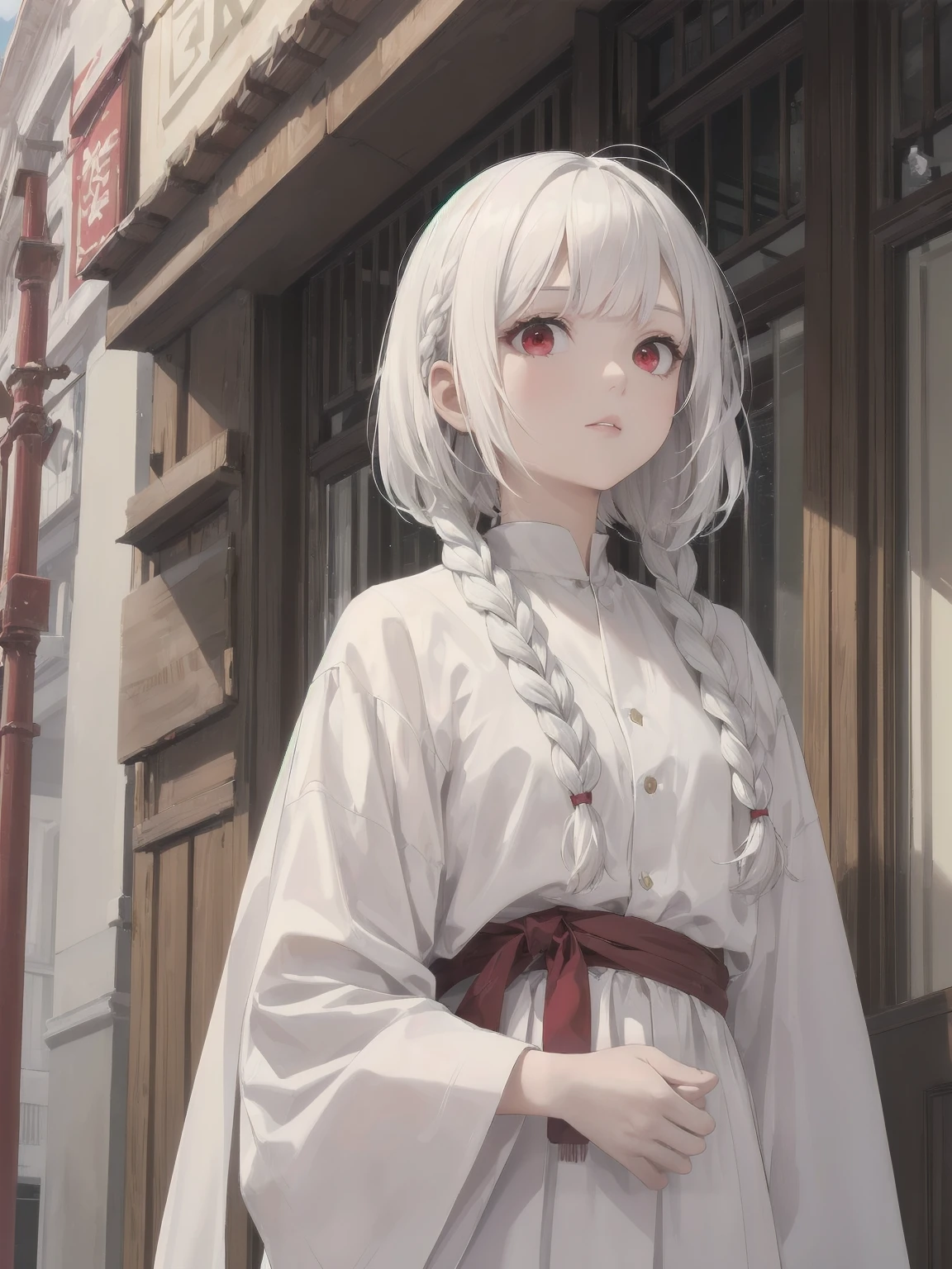 best quality, masterpiece,white hair, Red Eyes,White clothes, look up, Upper Body,White skin,Medium Length Bob Hairstyle，With braided braids、Lovely