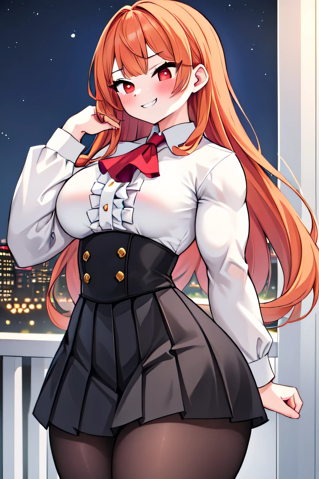 ((best quality)), ((masterpiece)), (detailed), (perfect anatomy), (exquisite clothing);
1girl, solo, porch, night time;
Perfect face, orange hair, very long hair, fanged bangs, sidelocks, blushing, red eyes, bright pupils, squinting, jitome, smug grin;
Tall, mature, (bulky:1.2), deltoids, trapezius, medium breasts, thick arms, biceps, triceps, covered navel, abs, wide hips, thick thighs, glutes, quads, lats, hamstrings; 
(White dress shirt, center frills, long sleeves), red ascot, (underbust, black skirt, high-waist, pleated), black pantyhose.