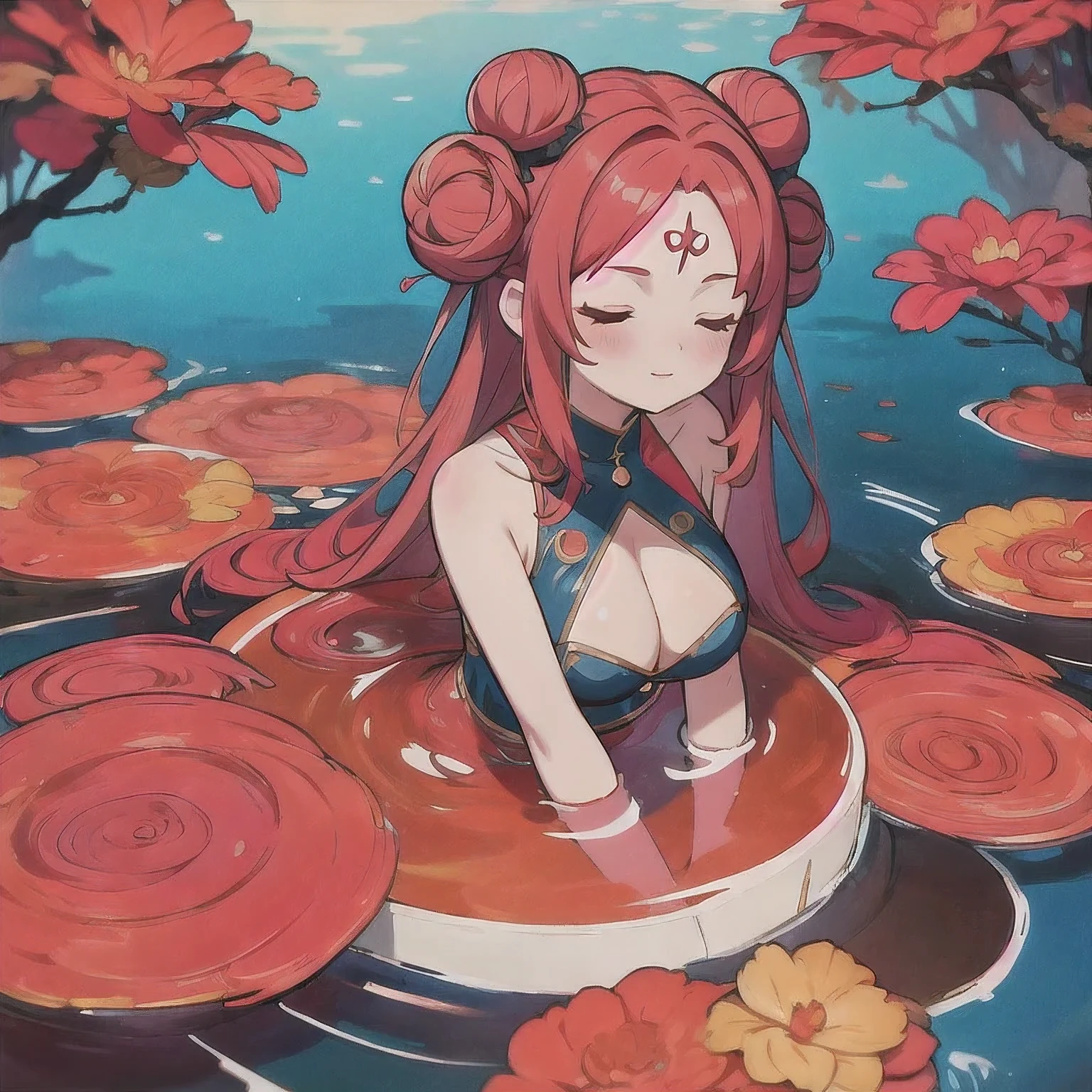 (abyss)
1girl
bangs
bare shoulders
breasts
cleavage
cleavage cutout
closed eyes
crescent
crescent facial mark
double bun
dress
facial mark
facing viewer
forehead mark
horns
long hair
medium breasts
parted bangs
partially submerged
pink hair
red hair
solo
very long hair
wading
water