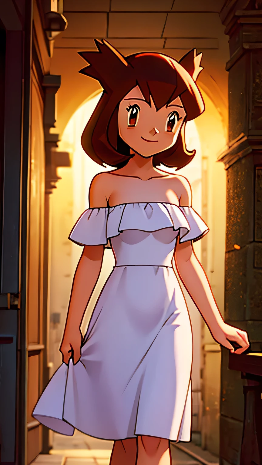 masterpiece, best quality, ultra-detailed, illustration, beautiful detailed eyes, very detailed illustration, cinematic lighting, 1 girl, solo, Pokemon Heroes (Bianca), Brown Hair, brown eyes, 1 girl, solo, bare shoulders, strapless, off shoulders, ruffle off the shoulder top, white maxi dress, intricate details, sharp focus, high resolution, beachside,evening light, purple sundown, walking in white high heels, cowboy shot, light smile