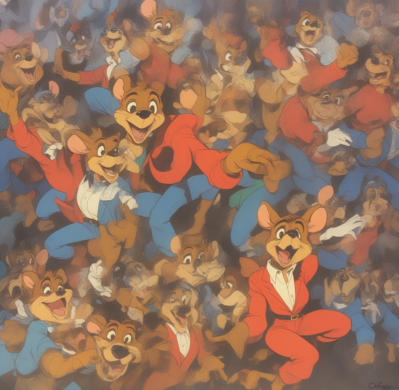 (Talespin 1990's cartoon homage), comic 1990's, animated tv show screengrab, Talespin cast dancing stanky boogie, cinematic poster, image within image, multiple exposure, massive scale, rich color grading for shading depth, hand drawn rotoscope cartoon realism, chiaroscuro lighting, mixed media, vintage comic, retro original design, 1990's comic, sense of movement energy, taking flight, tropical rot, rewilding, (full roygbiv color) ink charcoal expressive illustration, Talespin aesthetics
