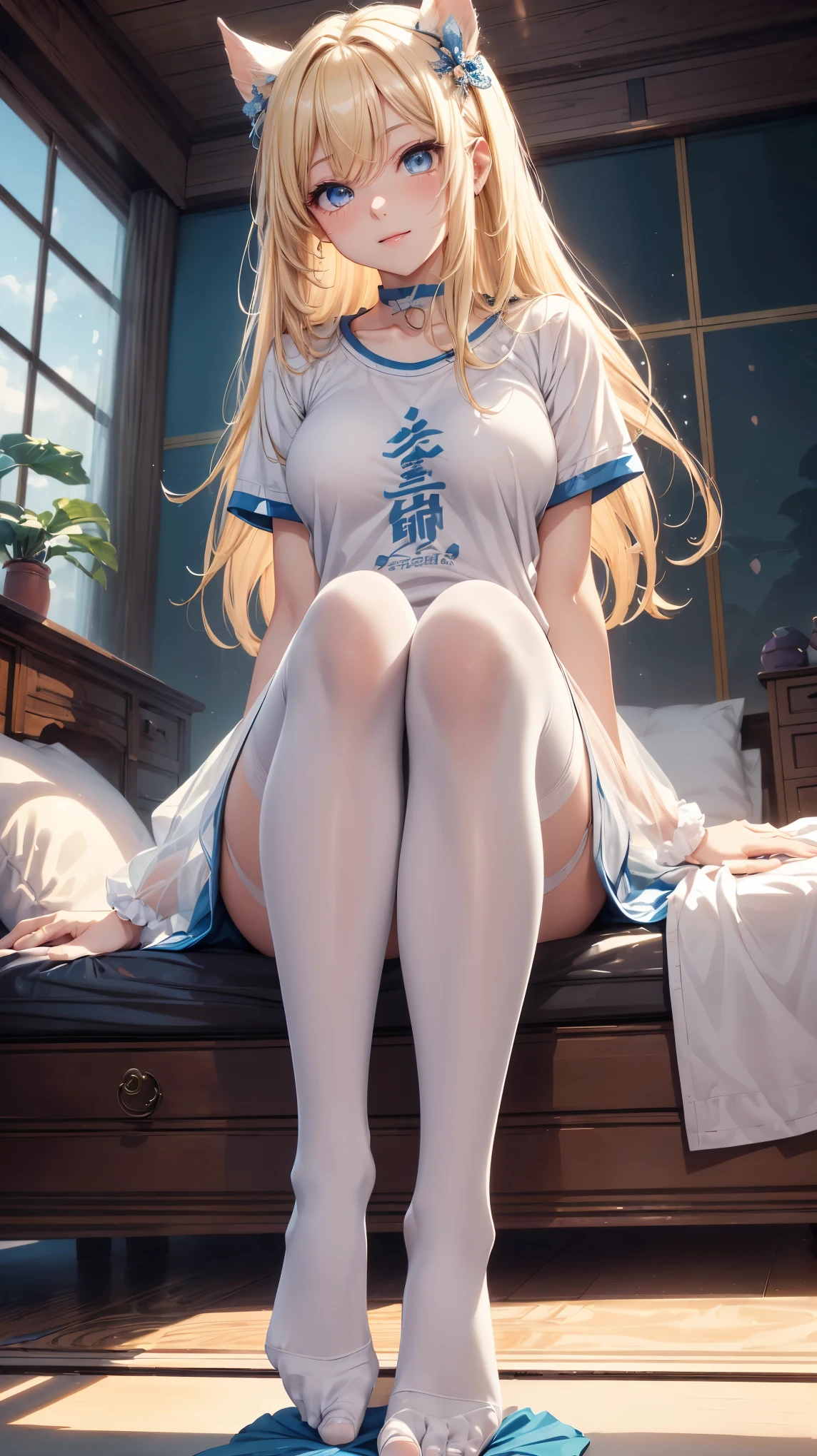 high quality纹理,high quality阴影,((high brightness)),Exquisite and detailed,Showing meticulous,Extremely detailed CG,Detailed texture,reality再现Face部,practical,Colorful,Beautiful,Clear focus,(Intricate details、cosmetic、Face_V1:0.5),(精致美丽的Face、Delicate and beautiful eyes、完美比例的Face、Highly refined skin、Delicate skin、(Big breasts)、((Smooth texture、practical质感、reality)),(Delicate and beautiful eyes,Beautiful eyelashes),(((blue eyes))),(Blonde semi-long hair),(blond:1.2),1 female,(((Sporty White Yoga T-Shirt:1.4))),(漂亮Face蛋、可爱Face蛋、精致Face蛋、Face红)、Perfect eyes eyes、((full-body shot:1.2))、((((Sitting on the bed))))、((Smile))、((white pantyhose:1.6)),High Detail,Ray Tracing,HD,Best quality,high quality,Foot Focus, foot, foot perfect foot, perfect foot, best foot, stinky foot, Sexy pose looking at the audience, solitary, foot操, Everlasting, view, foot, from below, Foot Focus,trampling,Step on the screen,