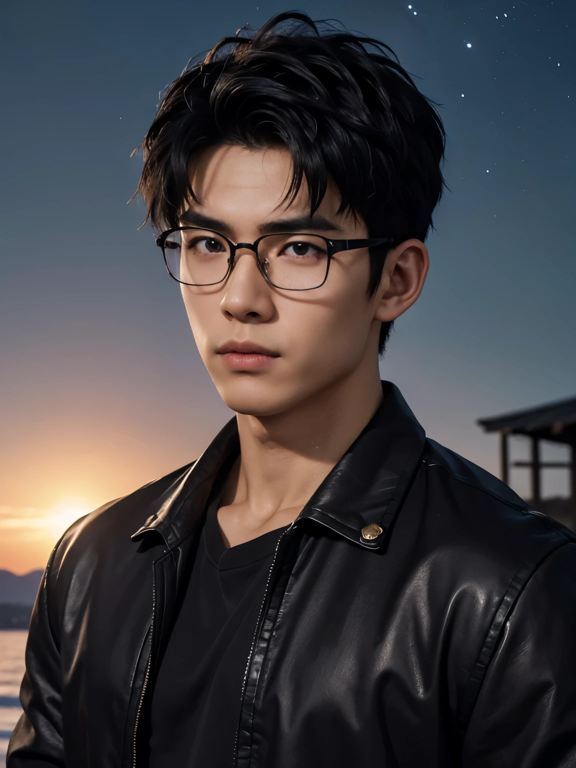 (photorealistic, masterpiece, 8K, HD, portrait, closing up on face, intricate details, soft lighting, absurdres), a handsome young vietnamese man, soldier, 25 years old, strong, brave, determined, confident, manly, intimidating, mischievous, hot, attractive, smirking, detailed face, red eyes, detailed eyes, sharp eyes, looking at viewer, wearing a jacket with rolled up sleeves over a shirt, casual wear, glasses, tanned skin, fit, black hair, short hair, spiky hair, outdoors, pier, dawn, stars, constellation, cosmical, dreamy world, surrealism, ethereal