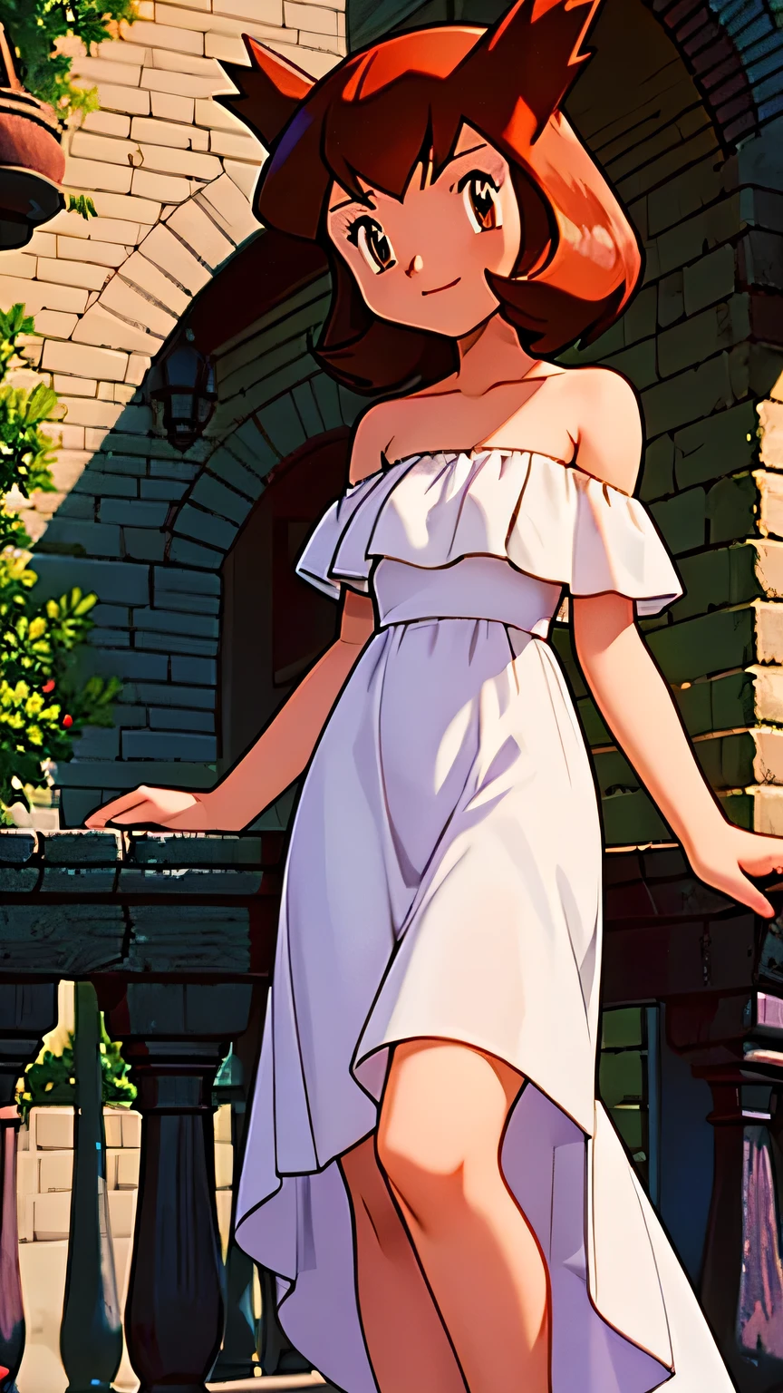 masterpiece, best quality, ultra-detailed, illustration, beautiful detailed eyes, very detailed illustration, cinematic lighting, 1 girl, solo, Pokemon Heroes (Bianca), Brown Hair, brown eyes, 1 girl, solo, bare shoulders, strapless, off shoulders, ruffle off the shoulder top, white maxi dress, intricate details, sharp focus, high resolution, beachside, railing, evening light, purple sundown, walking in white high heels, cowboy shot, light smile