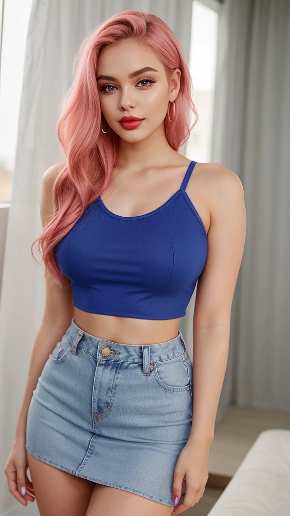 Lips are beautiful and bigger and glosy shoulder are narrow waist size would be medium and wearing blue crop top and mini skirt on 19 years old girl and body shape would. Be hour glass and wearing cute makeup with pink lipstick with vavy hair and length of hair till hips lips are soft and plumpy shape of lips is heart
