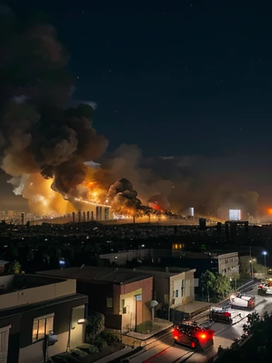A view of huge city fire in Los Angeles, California with cop cars and fire trucks in the background driving toward the city
From a Birds eye view from a distance at night with lights in the building
Big bright fire and a lot of smoke