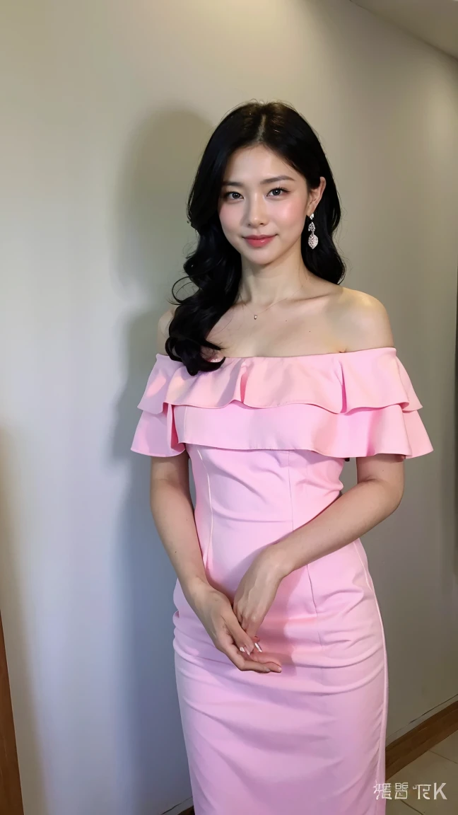 ((highest quality、8k、masterpiece:1.3))、Photorealistic, Sharp focus, high resolution, High resolution,Portraiture, one person、Japanese、woman, beautiful woman, (((pink　Off the shoulder　 dress)))、30 years old, Medium Long Hair,smile