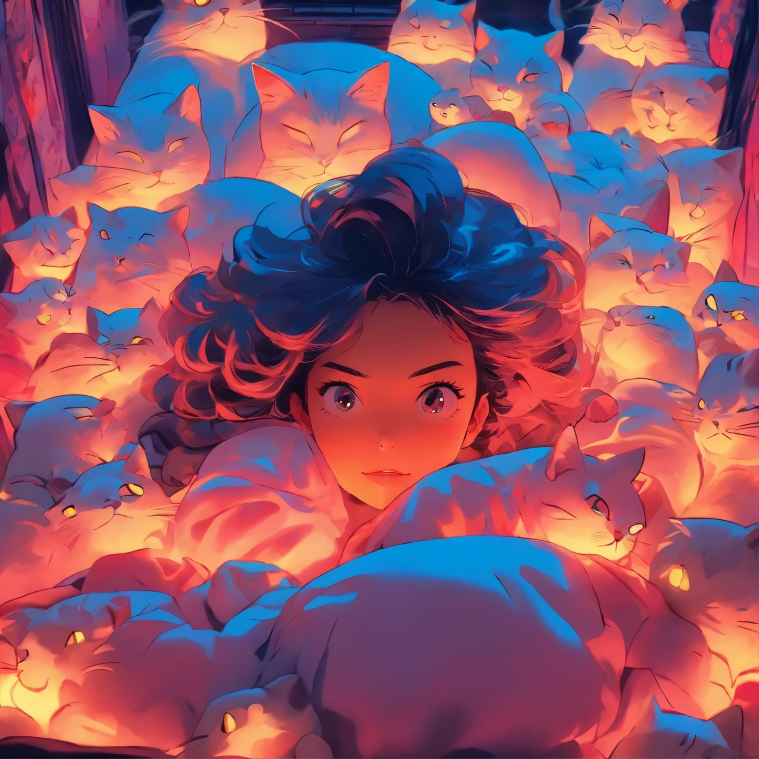anime scene of a woman laying on a bed with a cat, by Liam Wong, loish art style, anime vibes, by Cyril Rolando, anime aesthetic, in the bedroom at a sleepover, by Victor Mosquera, lofi girl, by Josan Gonzalez, it is glowing, lofi art, 8 0 s anime vibe, lofi girl aesthetic