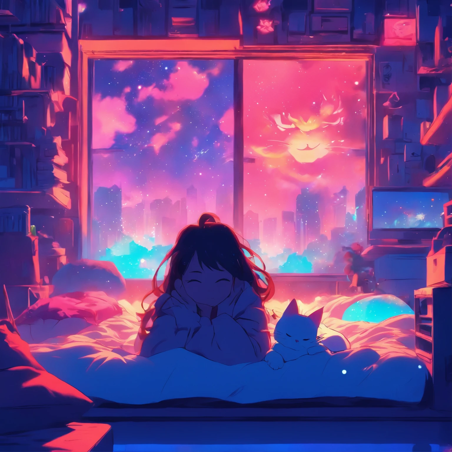 anime scene of a woman laying on a bed with a cat, by Liam Wong, loish art style, anime vibes, by Cyril Rolando, anime aesthetic, in the bedroom at a sleepover, by Victor Mosquera, lofi girl, by Josan Gonzalez, it is glowing, lofi art, 8 0 s anime vibe, lofi girl aesthetic