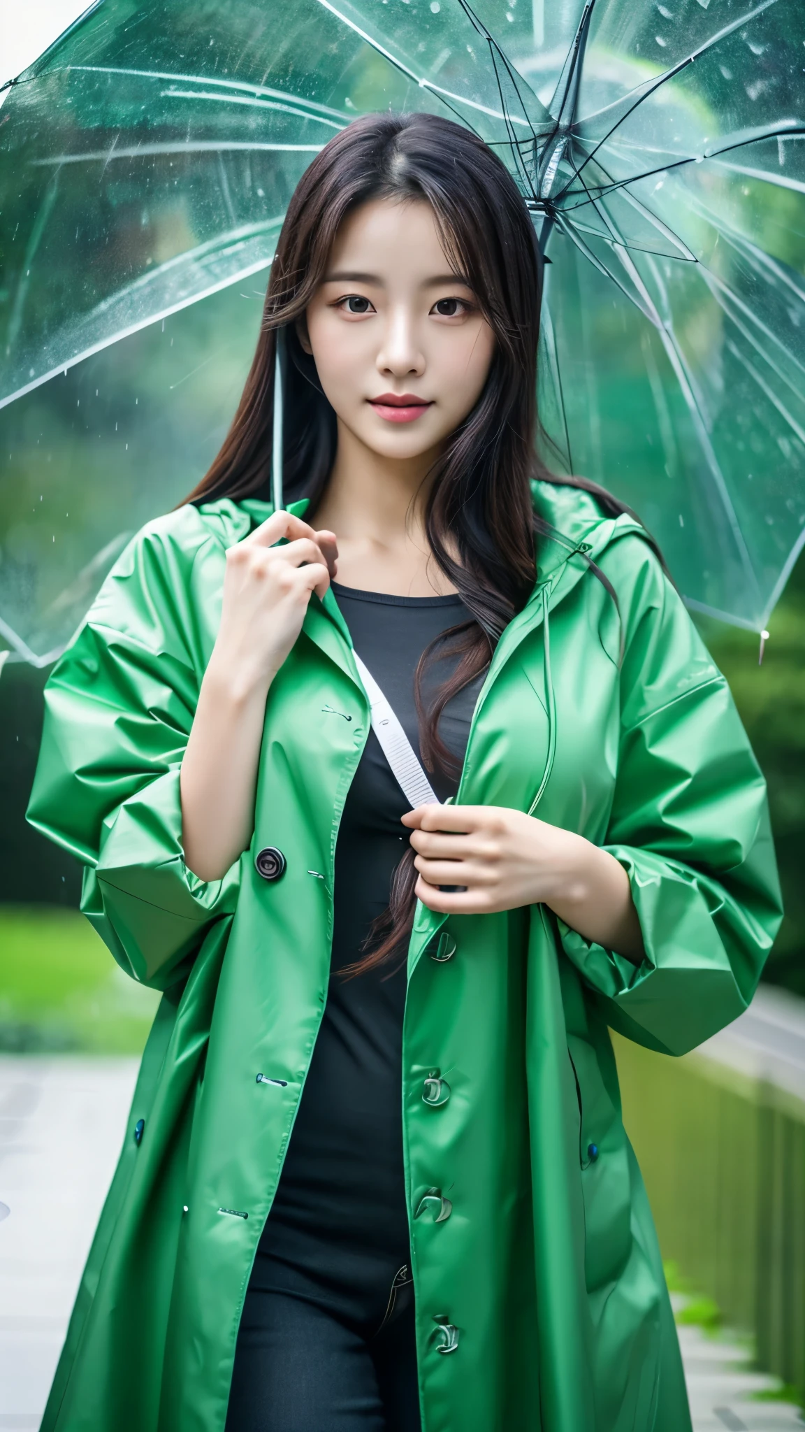 close-up of beautiful korean female, 34 inches breasts size, wearing green raincoat, standing in the rain, bokeh background, UHD