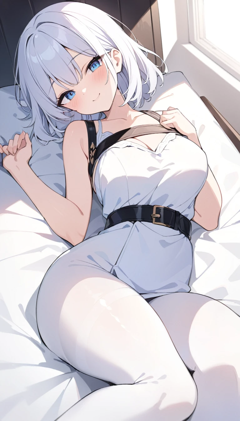 best quality)), ((masterpiece)),Perfect face((best quality)）Lovely,beautiful girl,Pure white hair,Bangs,Medium Length Hair、blue eyes.Solitary,Smile,Lovely, short hair、beautiful eyes,healthy body、Beautiful breasts、8K、wallpaper、belt、White Dress、Chest strap、Rib belt、tights、Lying in bed、devil&#39;Tail、恶魔Tail