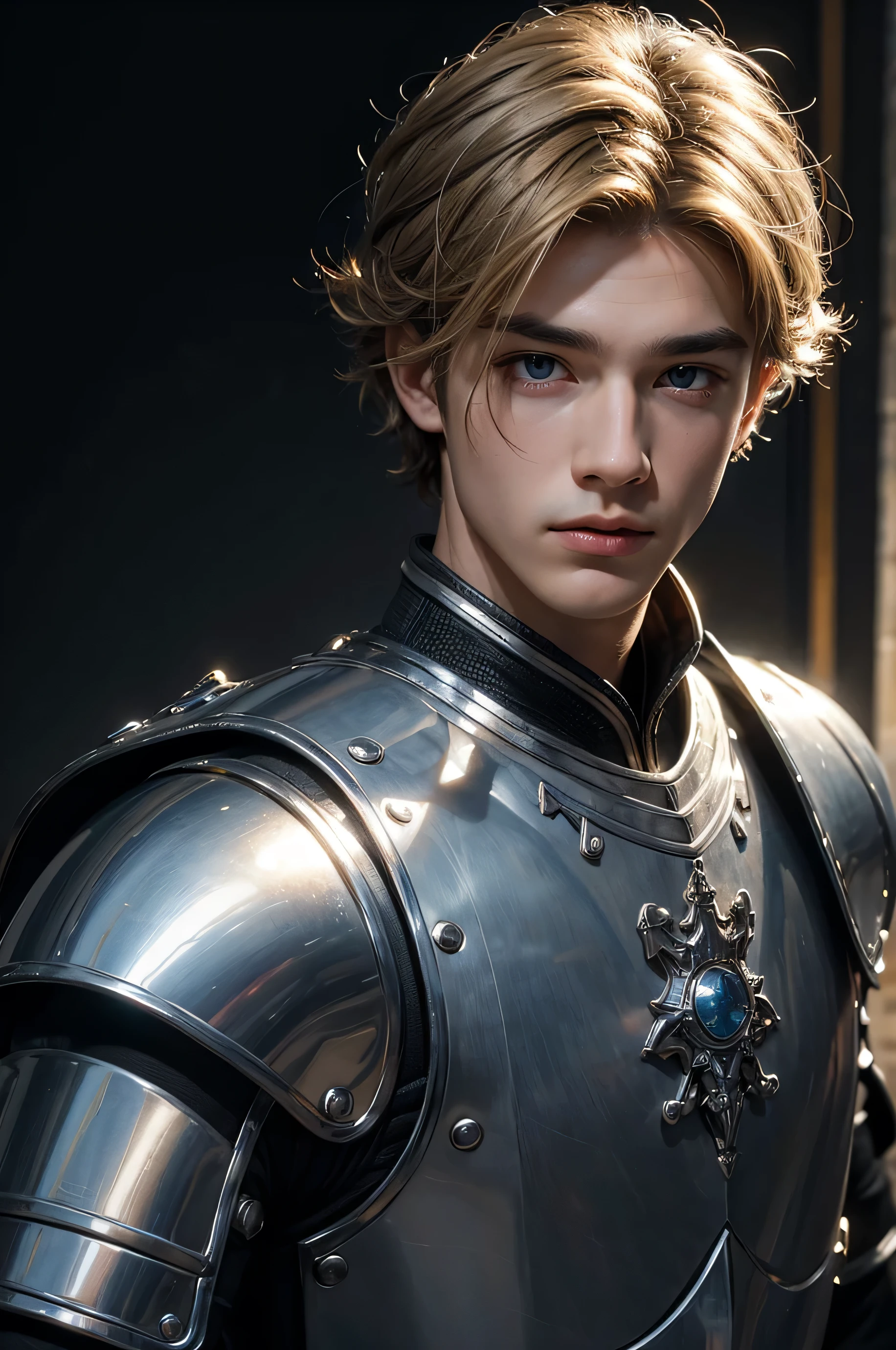 high quality, 8k, Ultra detailed, hdr, studio light, Masterpiece, loyal knight man, Handsome face, a brave impression, short hair style, dandy hair, Focus on your audience, young boy, light blondy hair, azure big beautiful grey eyes, light hair, closed mouth, silver jewelry, studio-light, messy hair, dynamic pose realistic, detailed and correct facial structure