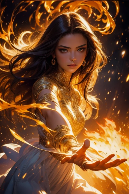 (((medium full shot))), (Masterpiece, photorealistic, photorealism, best quality, ultra-detailed:1.3), (nice hands, perfect hands), official art, cinematic light,European beautiful young woman, 18 years old, adult, A dancer is enveloped in a flowing dress that transforms into fiery, swirling patterns against a starry backdrop, evoking a sense of movement and magic. long red hair, fire dance