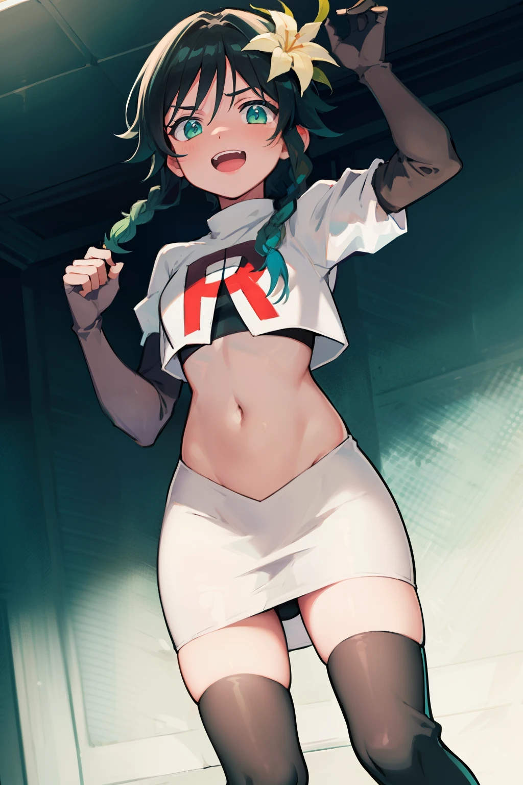 absurdres,venti,1boy, male focus, trap,black hair, green-blue hair, hair braid,hair flower,aqua green eyes,crossdressing,1boy,team rocket,team rocket uniform,white skirt,red letter R,crop top,black thigh-highs,black elbow gloves, cowboy shot,laughing,happy, blush