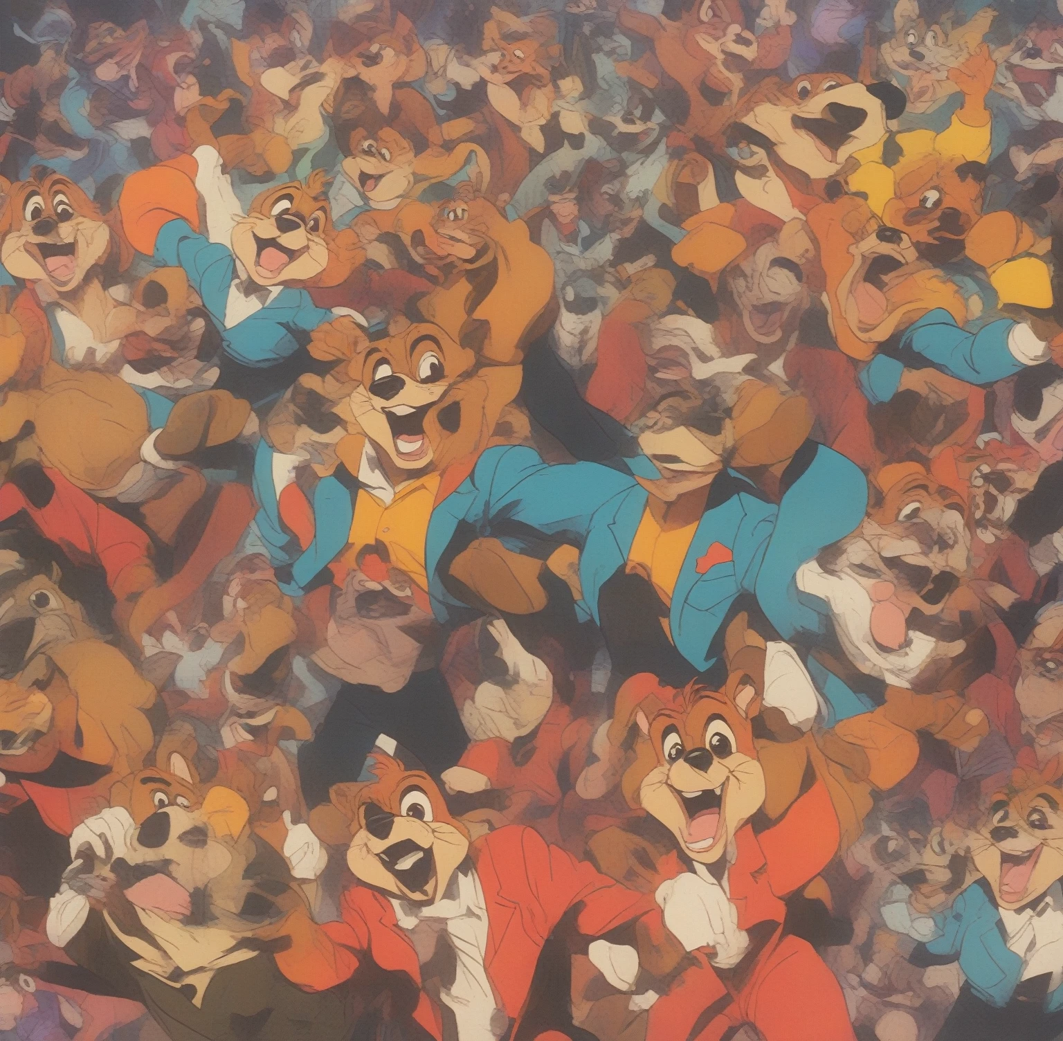 VHS, glitch, distorted, nostalgia, 90's retro vibes, analog tape, vcr aesthetics, tv, television, (Talespin 1990's cartoon homage), comic 1990's, animated tv show screengrab, Talespin cast dancing stanky boogie, cinematic poster, image within image, multiple exposure, massive scale, rich color grading for shading depth, hand drawn rotoscope cartoon realism, chiaroscuro lighting, mixed media, vintage comic, retro original design, 1990's comic, sense of movement energy, taking flight, tropical rot, rewilding, (full roygbiv color) ink charcoal expressive illustration, Talespin aesthetics
