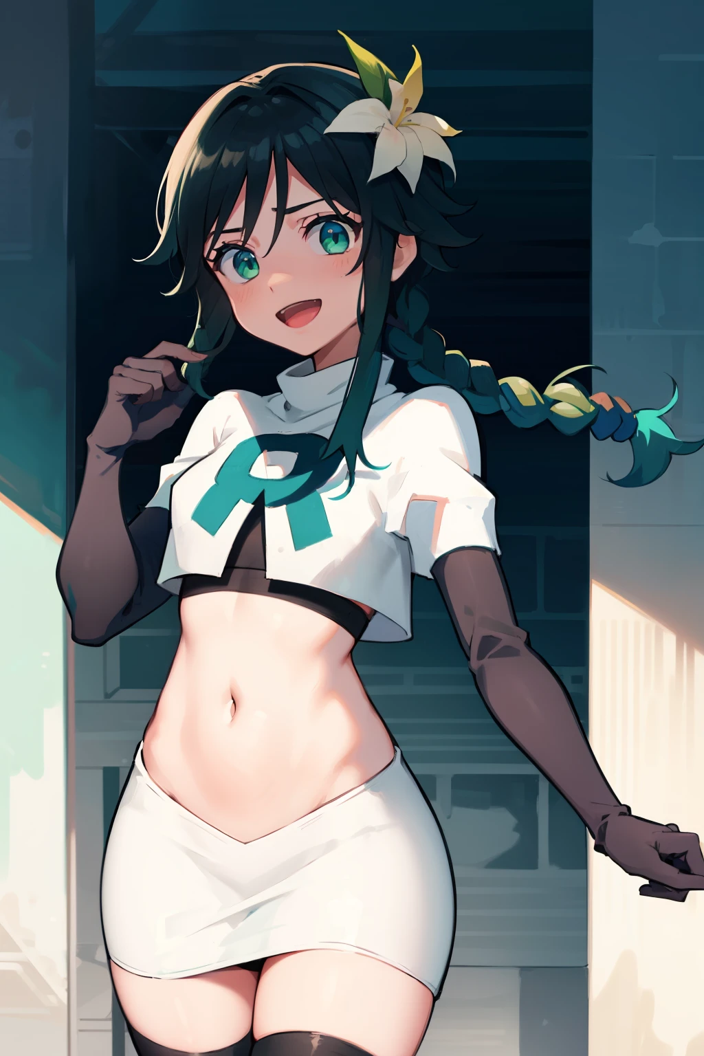absurdres,venti,1boy, male focus, trap,black hair, green-blue hair, hair braid,hair flower,aqua green eyes,crossdressing,1boy,team rocket,team rocket uniform,white skirt,red letter R,crop top,black thigh-highs,black elbow gloves, cowboy shot,laughing,happy, blush