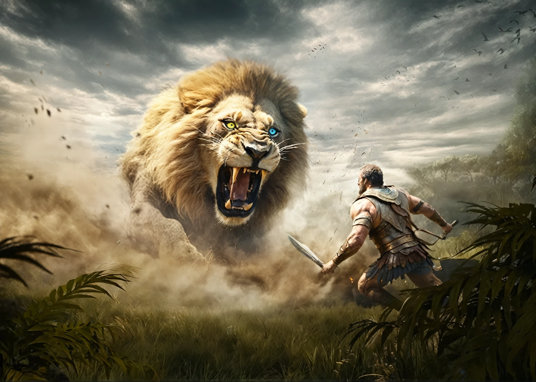 (best quality, high resolution, Super detailed, Practical: 1.37), professional, Studio Lighting, HDR, Bright colors, Clear focus, （(The majestic lion is roaring angrily: 1.8)）, wild animals, Intense expression, Sharp blue eyes, Strong physique, Elegant fur，The ancient Greek warrior in the foreground is fighting an angry lion on the savannah。This scene was shot from behind，Just like it was taken with a camera，dusty，Green grass is visible in the background。A lion has blue and。In the style of sci-fi game concept art, Capturing the power of wildness, wild animals摄影 photography, Fine Arts, nature, touching, Fascinating, Spectacular lighting, Contrast of light and shadow, minimalist composition, a true masterpiece of nature具有强烈光晕背景阳光的真正杰作.