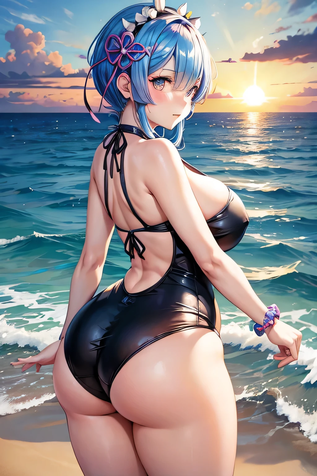 Rem from Re:ZERO -Starting Life in Another World-、Plump、Big boobs、She is wearing a swimsuit and has her butt facing the camera.、Beach Sunset