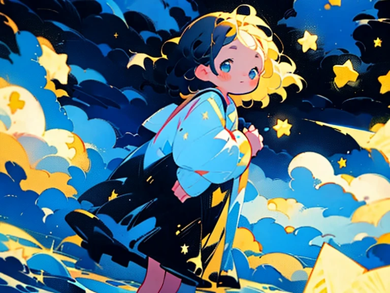 Girl Looking At The Sea。Time: Night。Stars are twinkling。