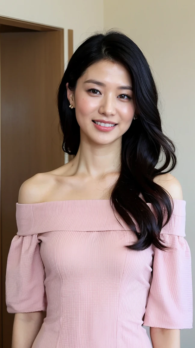 ((highest quality、8k、masterpiece:1.3))、Photorealistic, Sharp focus, high resolution, High resolution,Portraiture, one person、Japanese、woman, beautiful woman, (((pink　Off the shoulder　 dress)))、30 years old, Medium Long Hair,smile