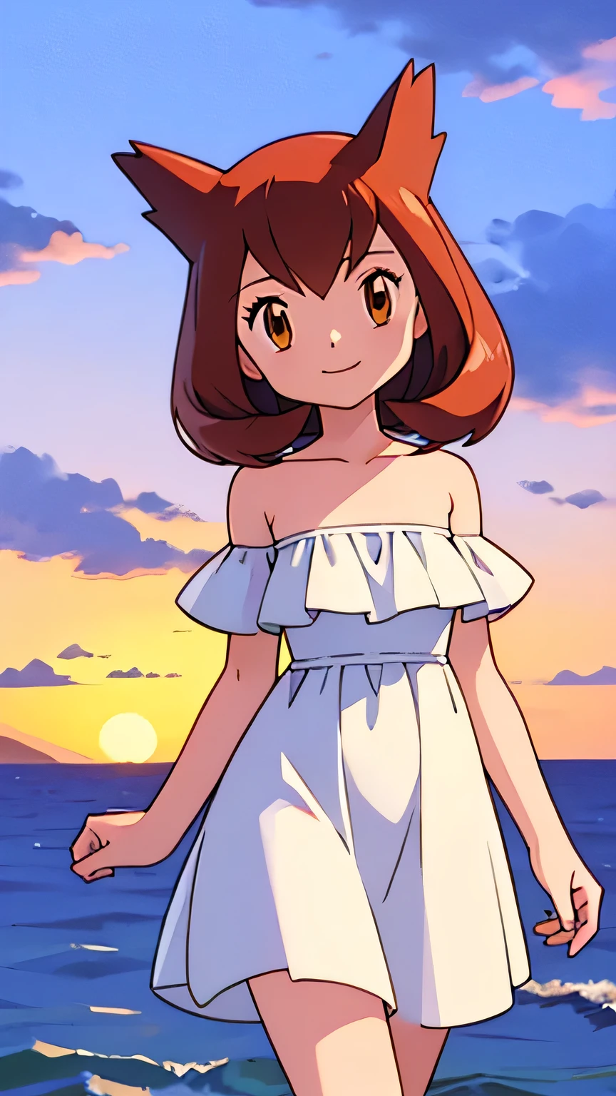 masterpiece, best quality, ultra-detailed, illustration, beautiful detailed eyes, very detailed illustration, cinematic lighting, 1 girl, solo, Pokemon Heroes (Bianca), Brown Hair, brown eyes, 1 girl, solo, bare shoulders, strapless, off shoulders, ruffle off the shoulder top, white maxi dress, intricate details, sharp focus, high resolution, beachside，evening light, purple sundown, walking in white high heels, Coast, cowboy shot, light smile