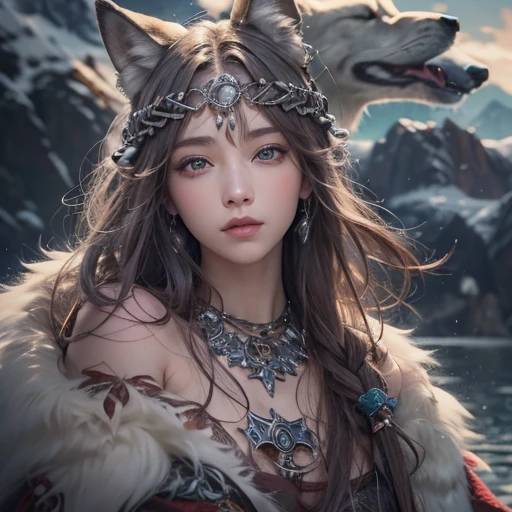 Lakeside surrounded by snowy mountains、Hair flow、 ((highest quality、masterpiece、8k、Best image quality、Ultra-high resolution、Award-winning works)、(Accurate anatomy:1.1)、(Look at me and smile:1.1)、Shining fair skin with Ultra-high resolution、The most detailed face、Ultra-high resolution detailed face、Ultra-high resolutionの髪の毛、(Ultra-high resolutionの煌めく瞳:1.1)、Beautiful face drawn in every detail、Ancient Viking clothing, Chest to chest, tattoo, A real wolf is by your side