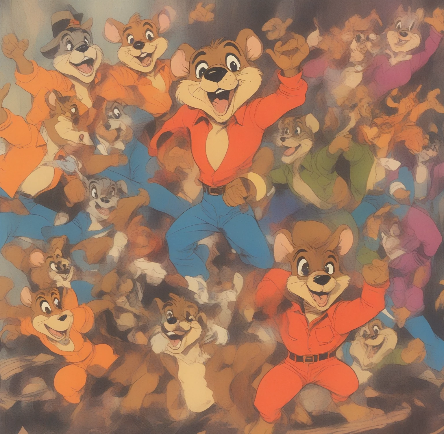 (Talespin 1990's cartoon homage), comic 1990's, animated tv show screengrab, Talespin cast dancing stanky boogie, cinematic poster, image within image, multiple exposure, massive scale, rich color grading for shading depth, hand drawn rotoscope cartoon realism, chiaroscuro lighting, mixed media, vintage comic, retro original design, 1990's comic, sense of movement energy, taking flight, tropical rot, rewilding, (full roygbiv color) ink charcoal expressive illustration, Talespin aesthetics
