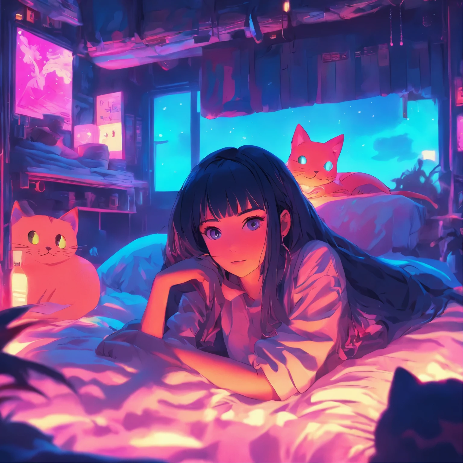 anime scene of a woman laying on a bed with a cat, cyberpunk art by Liam Wong, tumblr, magical realism, loish art style, anime vibes, anime aesthetic, in the bedroom at a sleepover, lofi girl, it is glowing, lofi art, 8 0 s anime vibe, lofi girl aesthetic, dreamy illustration, dreamy psychedelic anime, really realistic