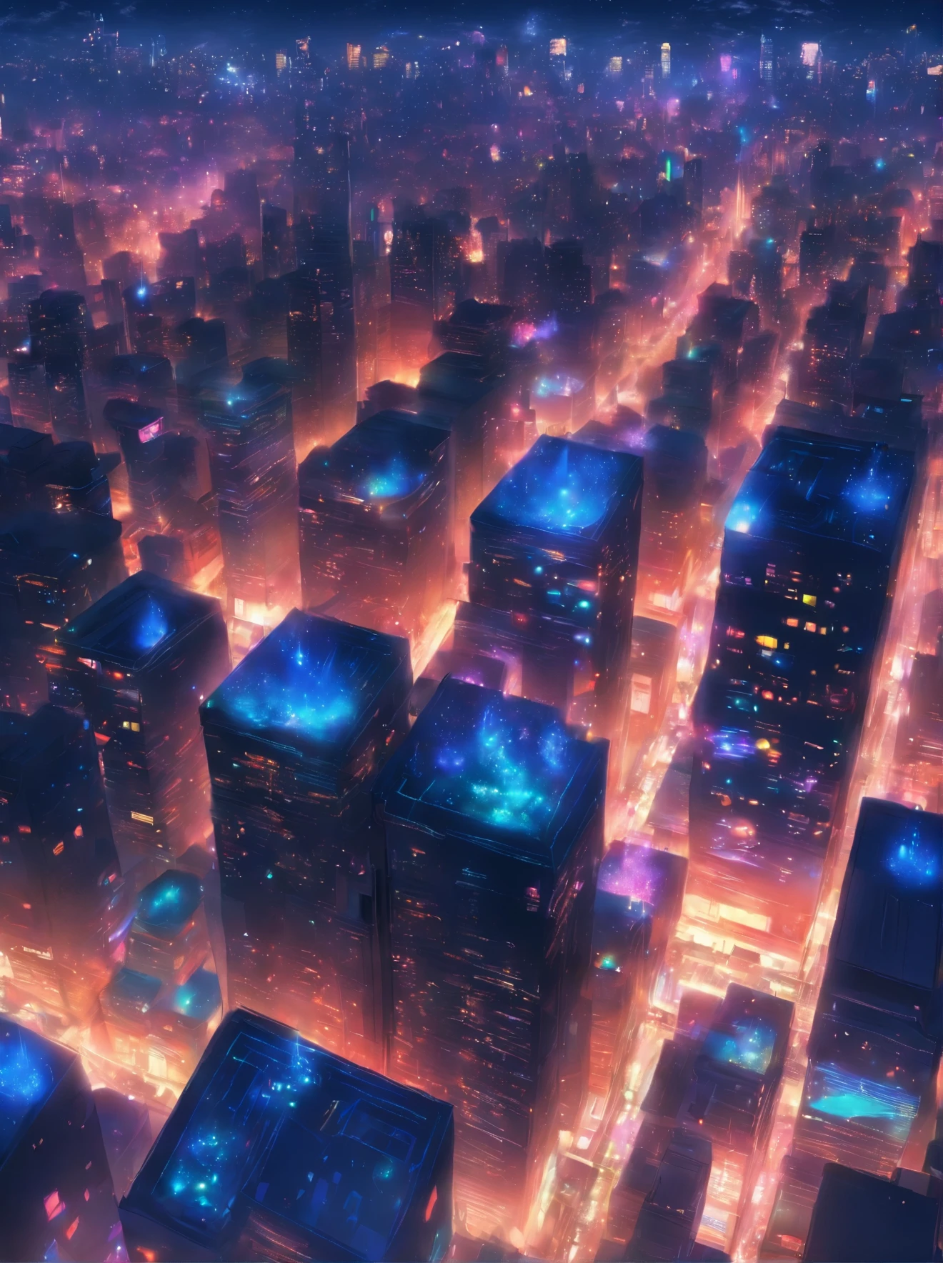 a painting of a city with lots of lights floating over it, glowing lights! digital painting, epic concept art. bokeh, glowing lights!! intricate, magical lights, . ethereal lights, floating lights, nightlight study, glowing lights!! highly detailed, inspired by Andreas Rocha, blurry and dreamy illustration, night lights, beautiful glowing lights, magic lights