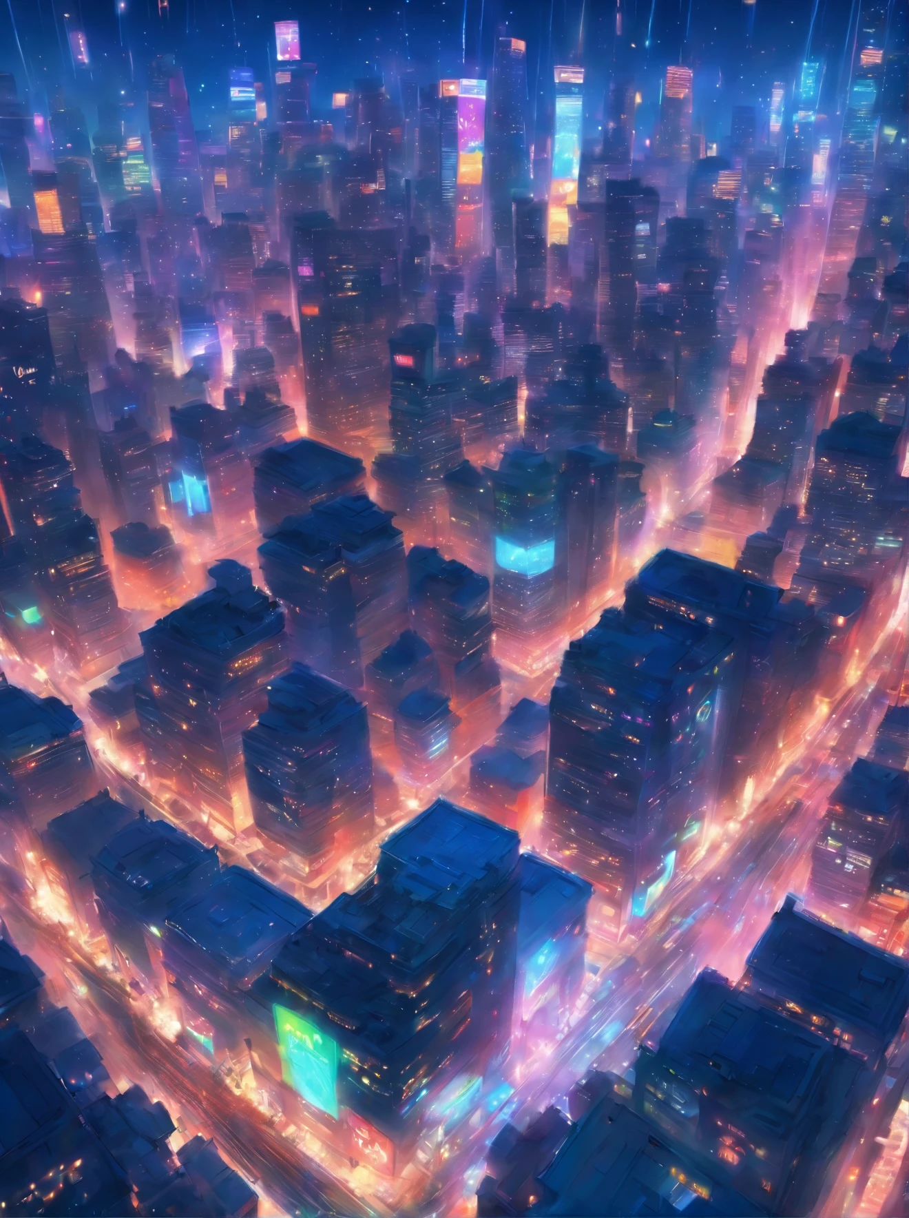a painting of a city with lots of lights floating over it, concept art inspired by Andreas Rocha, Artstation, conceptual art, glowing lights! digital painting, epic concept art. bokeh, magical lights, glowing lights!! intricate, . ethereal lights, floating lights, nightlight study, glowing lights!! highly detailed, blurry and dreamy illustration, night lights