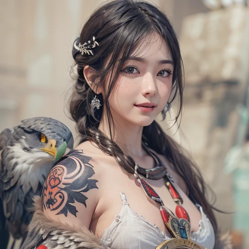 Hiding in the snowy mountains、Hair flow、 ((highest quality、masterpiece、8k、Best image quality、Ultra-high resolution、Award-winning works)、(Accurate ???????:1.1)、(Look at me and smile:1.1)、Shining fair skin with Ultra-high resolution、The most detailed face、Ultra-high resolution detailed face、Ultra-high resolutionの髪の毛、(Ultra-high resolutionの煌めく瞳:1.1)、Beautiful face drawn in every detail、(Blurred Background:1.1)、Ancient Inuit clothing, Chest to chest, tattoo, Old ruins in the background、Apart from the real giant eagle