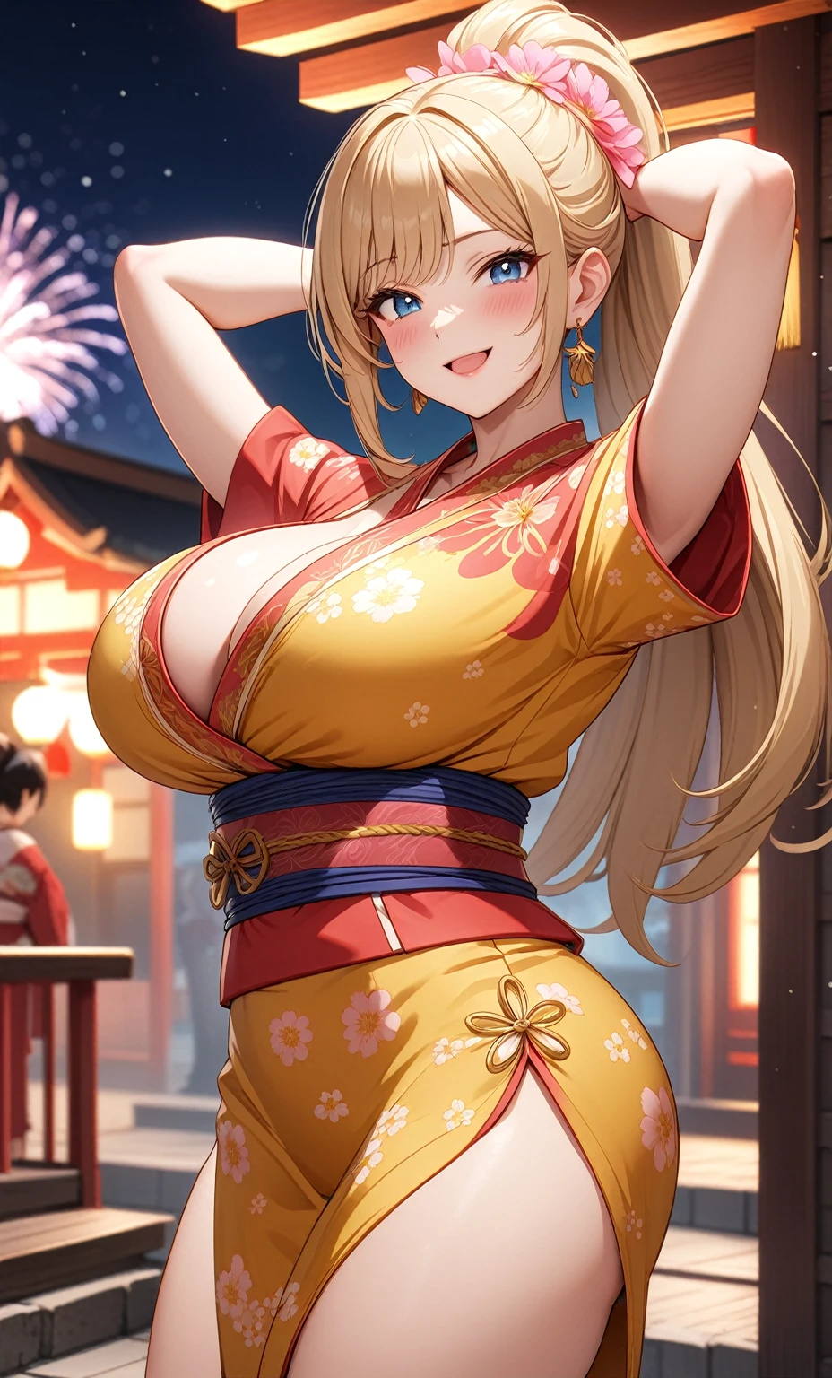 ((one personの女性)), Beautiful Face,Embarrassed and kind expression,Laugh embarrassedly,((Wink:1.8)),laugh with a big mouth,turn bright red,Glossy pink lips,night,Shrine festival sexpensives,firework, ((Anime style background)),masterpiece, highest quality, so beautiful, Latest, Complex details, (Pink long nails),AI-generated, Complex,High resolution, highest quality, super high quality,3D Images、View your viewers、3D Images,one person,Long Blonde Hair,High Ponytail,blue eyes,Anime woman posing for a photo, [[Fine grain、Colorful eyes、Shining Eyes:1.15]],(Squint your eyes:1.1),a hyperRealistic , hyperRealistic , Realistic,Blonde anime woman with long hair, Smooth anime CG art, A woman in a colorful kimono with gold embroidery, (Yellow kimono),Pink floral pattern,Long flower hair ornament,Big earrings,(Big Breasts:1.2),Mature Body,expensive,Big Ass,Fine details,Tight waist,Abdominal muscles,(Put your hands behind your head),Shooting from an angle