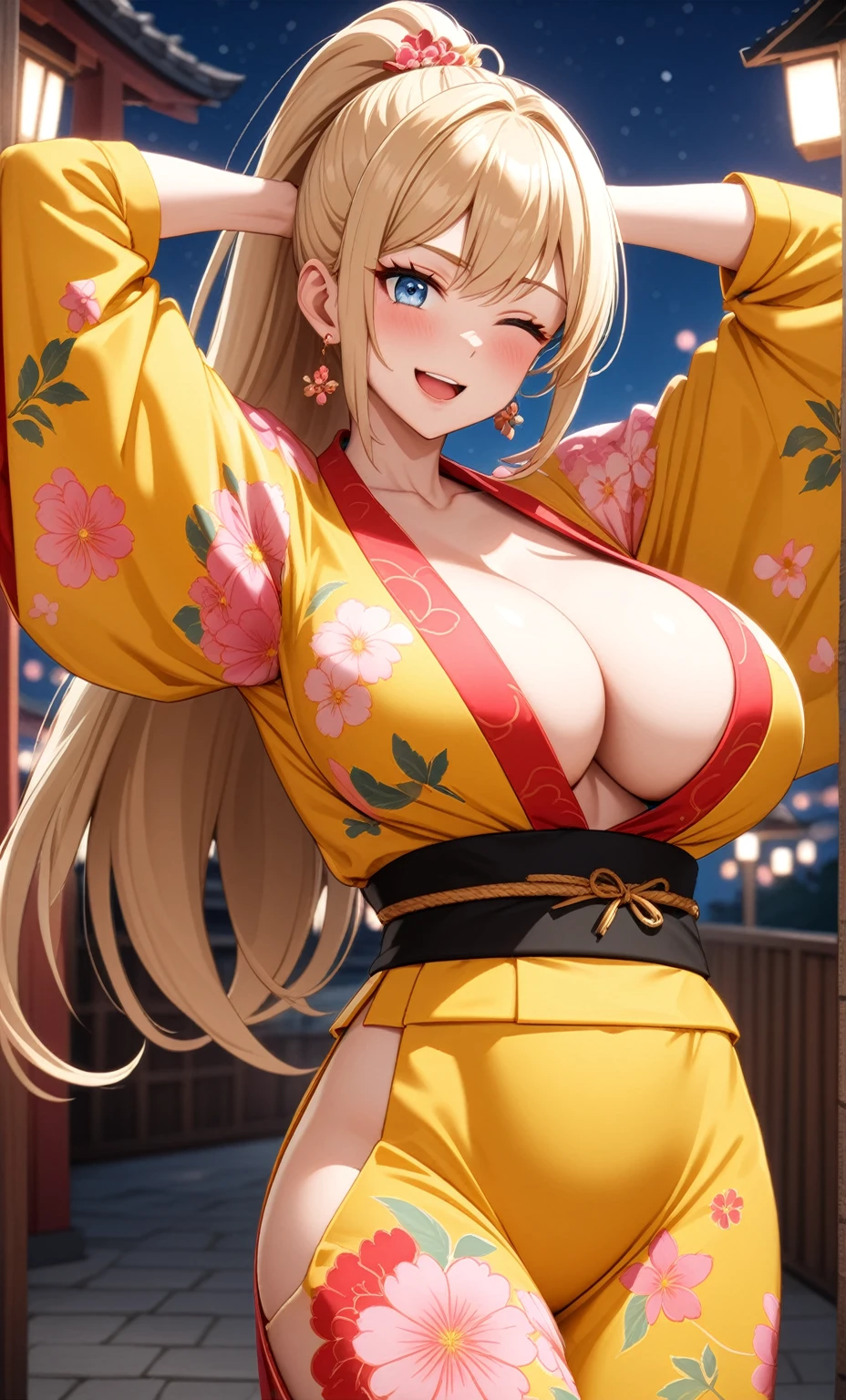 ((one personの女性)), Beautiful Face,Embarrassed and kind expression,Laugh embarrassedly,((Wink:1.8)),laugh with a big mouth,turn bright red,Glossy pink lips,night,Shrine festival sexpensives,firework, ((Anime style background)),masterpiece, highest quality, so beautiful, Latest, Complex details, (Pink long nails),AI-generated, Complex,High resolution, highest quality, super high quality,3D Images、View your viewers、3D Images,one person,Long Blonde Hair,High Ponytail,blue eyes,Anime woman posing for a photo, [[Fine grain、Colorful eyes、Shining Eyes:1.15]],(Squint your eyes:1.1),a hyperRealistic , hyperRealistic , Realistic,Blonde anime woman with long hair, Smooth anime CG art, A woman in a colorful kimono with gold embroidery, (Yellow kimono),Pink floral pattern,Long flower hair ornament,Big earrings,(Big Breasts:1.2),Mature Body,expensive,Big Ass,Fine details,Tight waist,Abdominal muscles,(Put your hands behind your head),Shooting from an angle