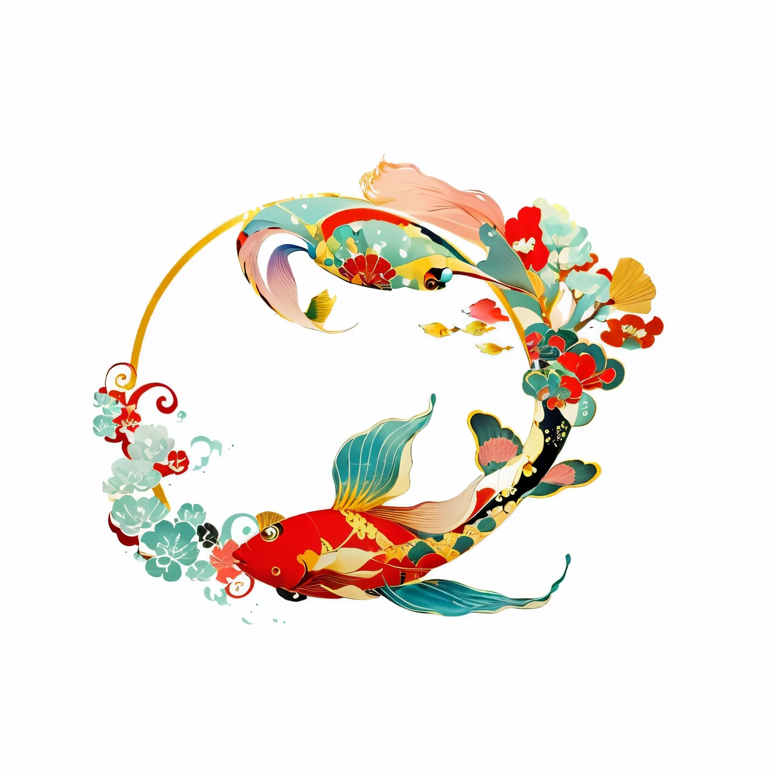 There is a fish that is round, Require fish, floating Require fish, Japanese-style, Require fish floating in space, Require fishes, author:Kano's Travels, Require, A beautiful artistic illustration, Chinese style, Chinese watercolor style, Japanese Art on Behance, ( ( ( Require colors ) ) ), Pisces
