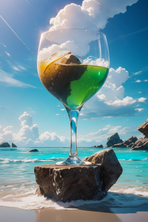Dreamscape a glass with an island in it, tilt shift glass background, amazing wallpaper, hd wallpaper, rendered illustration, island background, wineglass, stylized digital illustration, beach surreal photography, tropical island, wallpaper - 1 0 2 4, beautiful wallpaper, liquid glass, photoshop water art, wine glass, photo manipulation, vacation photo, semi - realistic render with background arafed image of a large explosion of white and orange rocks, 3d digital art 4k, 4k highly detailed digital art, surreal 3d render, 3d abstract render overlayed, epic 3d abstract model, intricate artwork. octane render, 3d fractal background, 3d rendered in octane, 3d rendered in octane, abstract 3d artwork, no humans, scenery, sky, debris, cloud . Surreal, ethereal, dreamy, mysterious, fantasy, highly detailed 