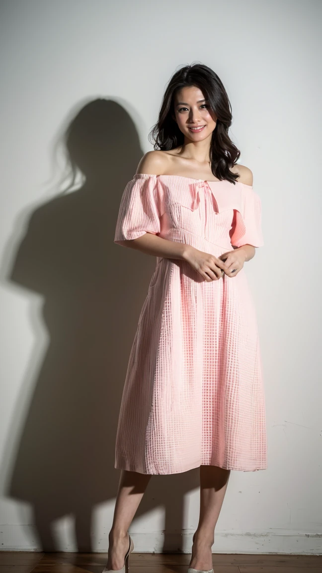 ((highest quality、8k、masterpiece:1.3))、Photorealistic, Sharp focus, high resolution, High resolution,Portraiture, one person、Japanese、woman, beautiful woman, (((pink Off the shoulder dress)))、30 years old, Medium Long Hair,smile
