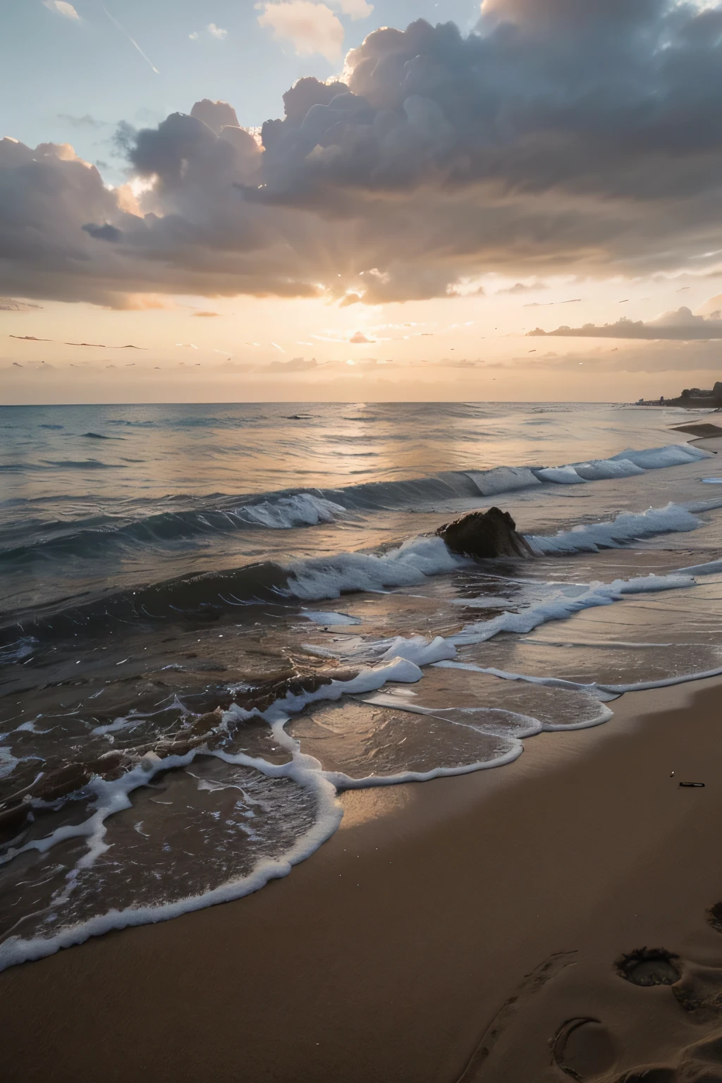 Paisagem de praia em um por do sol alaranjado 