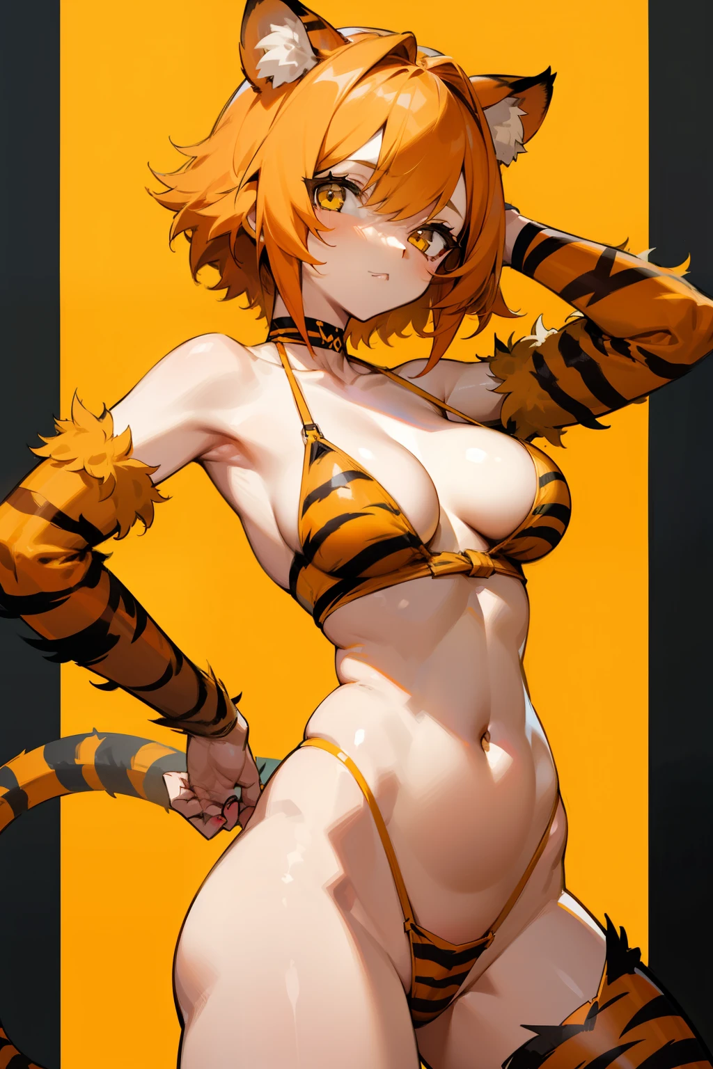 Girl, short orange hair, yellow eyes, tiger ears, tiger tail, almost , big bosed belly.