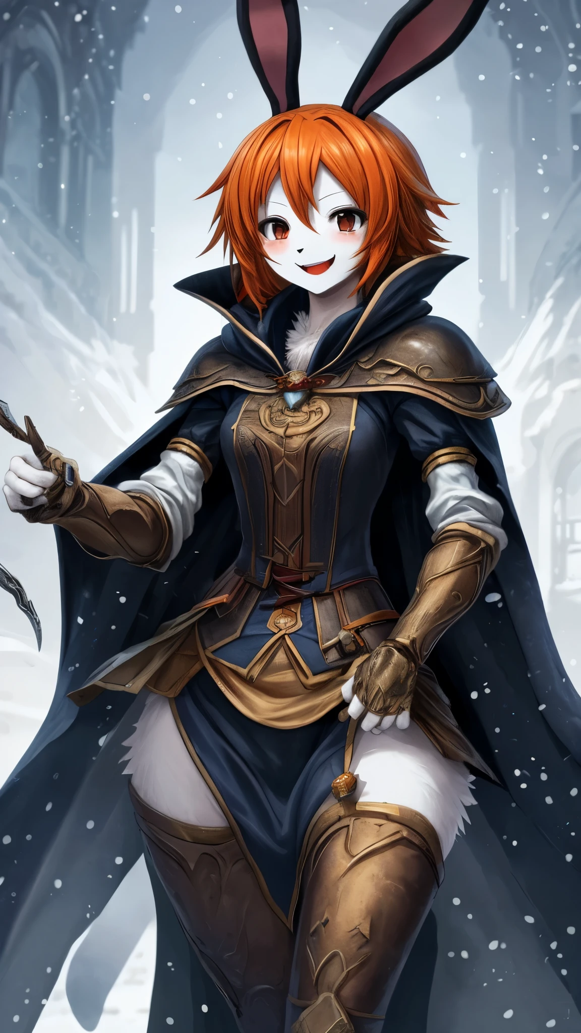Masterpiece, highest quality, ultra detailed, anime, beautiful bunny girl, big smile, orange hair, white fur, slim waist, curvy hips, simple clothing, cloak, snowy background, fantasy setting