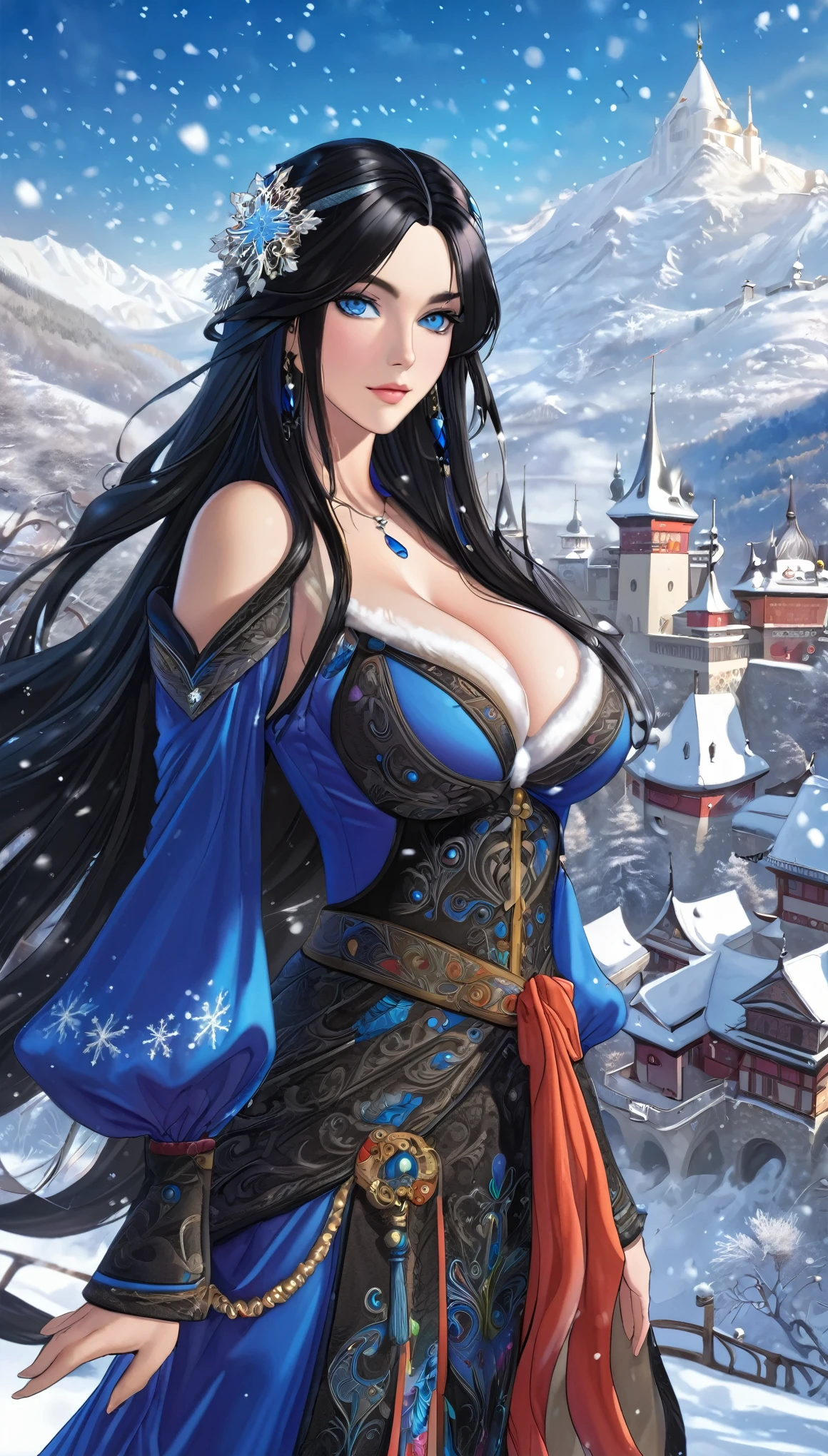 Masterpiece, highest quality, ultra detailed, beautiful woman, blue eyes, piercing eyes, black hair, flowing hair, large breasts, slim body, bard outfit, colorful clothes, fantasy setting, snow background