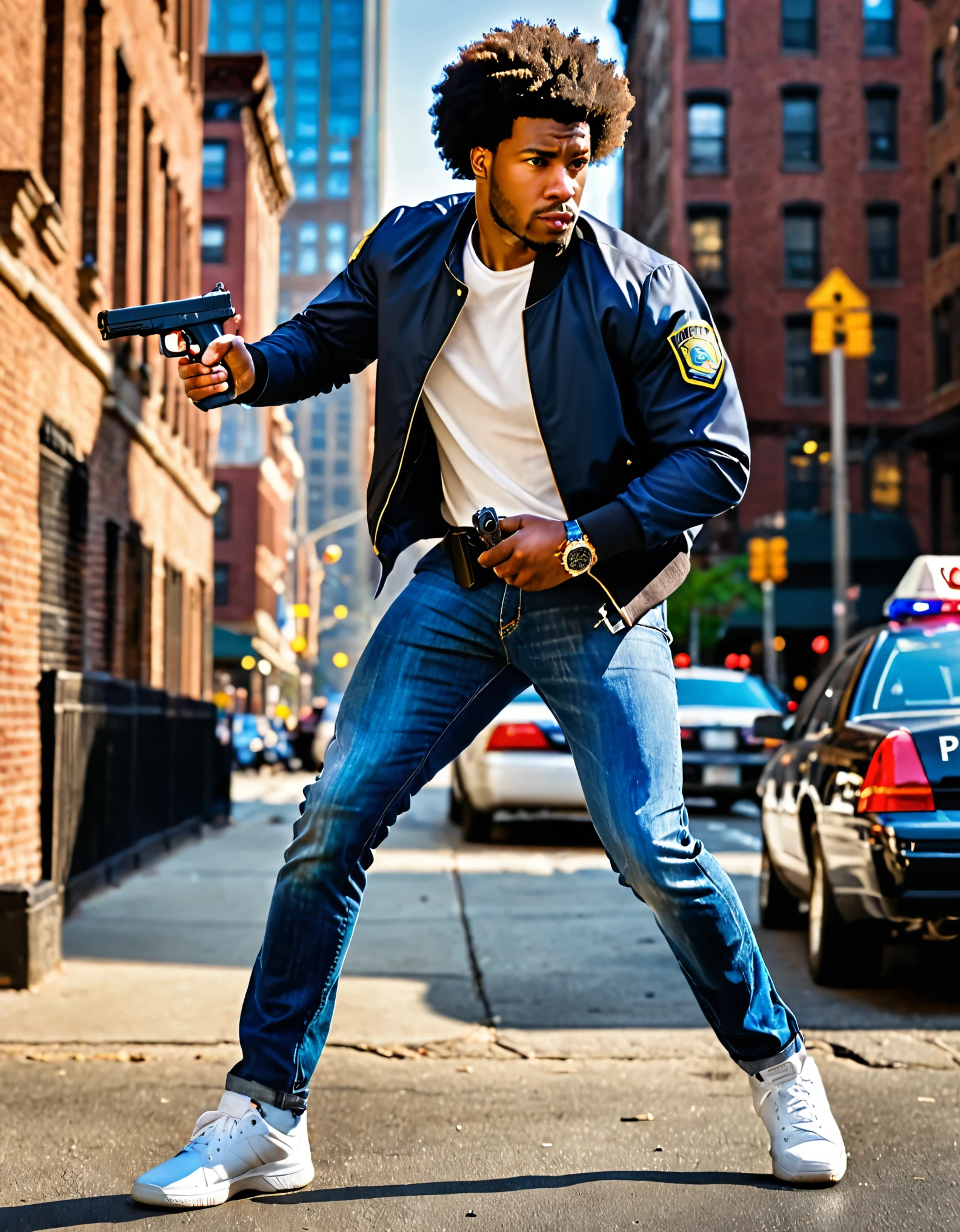 masterpiece, best quality, 1man, solo, solo focus, afro-american, dark-skinned male, new york police detective, dynamic action pose, holding weapon, holding gun, holding gun with two hands, aiming gun, (handgun, glock17), afro hair, brown hair, medium hair, brown eyes, white street shirt, blue varsity jacket, jeans, white tennis shoes, wristwatch, (badge hanging in the neck), action scene, looking away