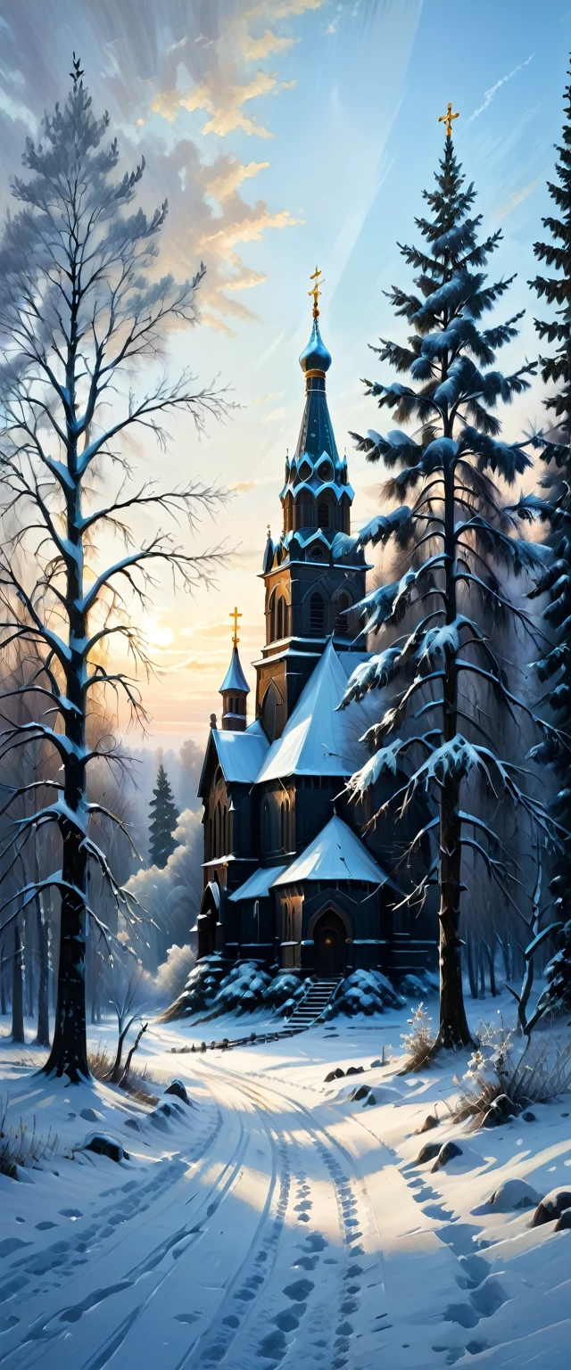 painting of a snowy landscape with a church and trees, inspired by Alexei Kondratyevich Savrasov, russian landscape, inspired by Apollinary Vasnetsov, Svetlin Velinov, author Vasily Maksimov, vasnetsov, Artyom Tursky, Alexey Gurylev, knyazev konstantin
oil painting,first plan crows and birds