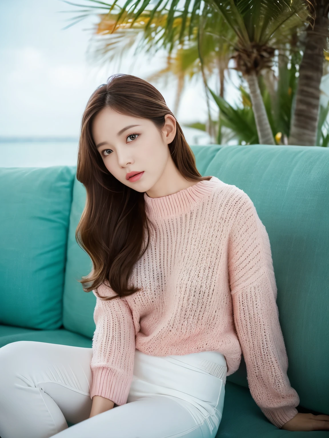 Cinematic photography, 1 beauty: 1.2, Pale pink sweater, White pants, long brown hair, Highly detailed face, Sitting on a white sofa, background: Sea Resort, (((random body orientation))),