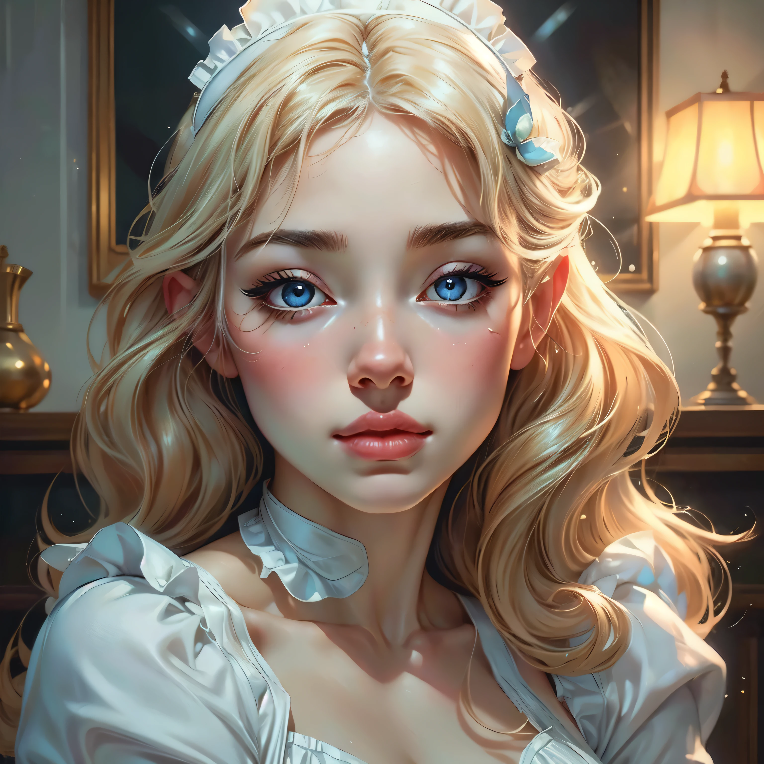Beautiful girl in a semi-transparent maid outfit、Very beautiful girl、Classy maid、Delicate facial features、gorgeous eyes、Long eyelashes、Small Nose、Thick lips、White skin、long flowing hair、Graceful pose、Cinematic lighting、Soft pastel colors、Graceful and calm、(highest quality、4k、8k、High resolution、masterpiece:1.2)、Super detailed、(Real、Photorealistic、Photorealistic:1.37)