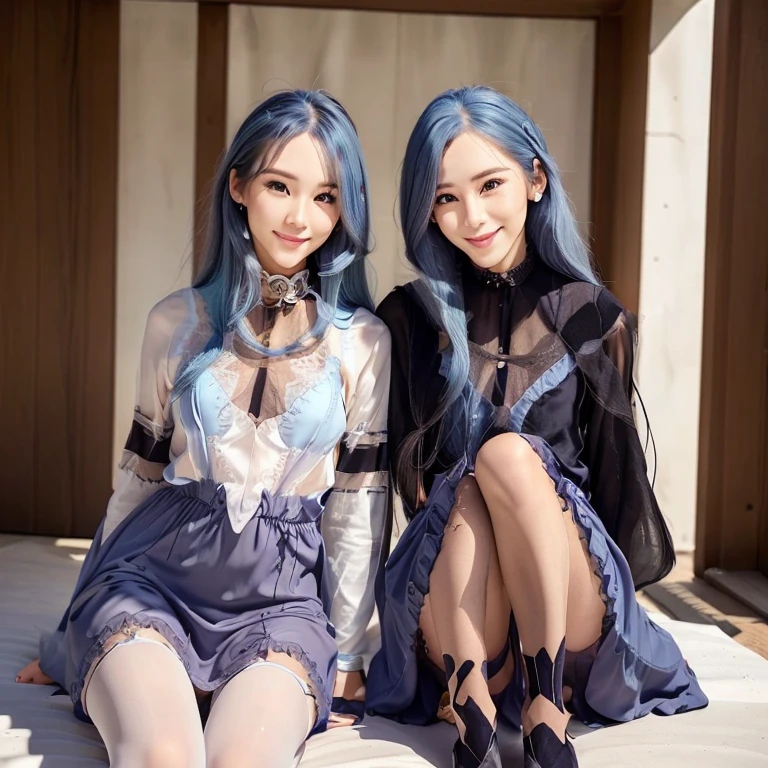 twins, (wearing pantyhose,realistic pantyhose)、wearing white panty,  (slender line:1.3)、(wearing oversized long sleeve dress)、thighs, 24 year old female,  Height: 160cm,(detailed background:1.2), Outdoor,brake,( (1person has blown hair, another 1 has sky blue hair):1.3)